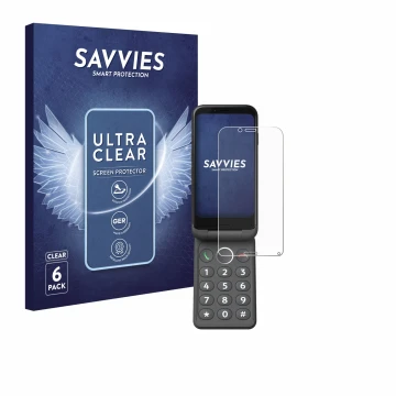 Vorderseite einer Produktverpackung mit dem Markenlogo Savvies. Daneben ist das Gerät Doro Aurora A20 mit dem zugehörigen Disp