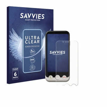 Vorderseite einer Produktverpackung mit dem Markenlogo Savvies. Daneben ist das Gerät Doro Aurora A10 mit dem zugehörigen Disp