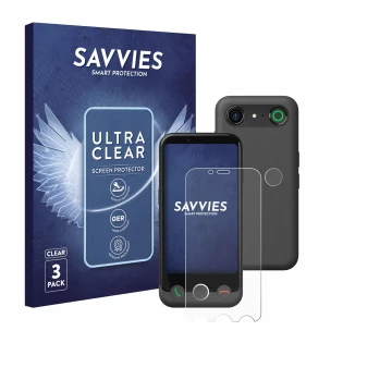 Vorderseite einer Produktverpackung mit dem Markenlogo Savvies. Daneben ist das Gerät Doro Aurora A10 (Display+Kamera) mit dem