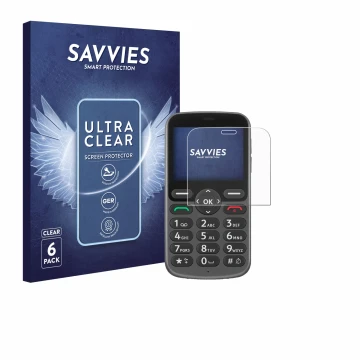 Vorderseite einer Produktverpackung mit dem Markenlogo Savvies. Daneben ist das Gerät Doro 1380 mit dem zugehörigen Displaysch