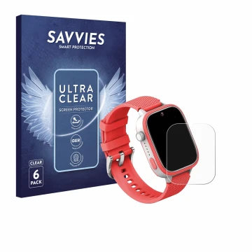 Vorderseite einer Produktverpackung mit dem Markenlogo Savvies. Daneben ist das Gerät AngelTech Kids Smartwatch Ultra 1.83