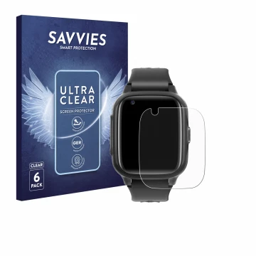 Vorderseite einer Produktverpackung mit dem Markenlogo Savvies. Daneben ist das Gerät Krostming Kids Smartwatch GPS 4G mit dem
