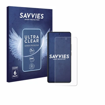 Vorderseite einer Produktverpackung mit dem Markenlogo Savvies. Daneben ist das Gerät realme GT 7 mit dem zugehörigen Displays