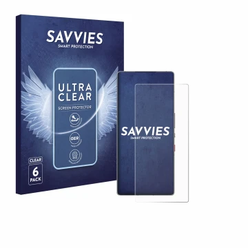 Vorderseite einer Produktverpackung mit dem Markenlogo Savvies. Daneben ist das Gerät ZTE Nubia Red Magic 10S Pro mit dem zuge