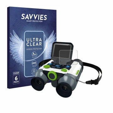 Vorderseite einer Produktverpackung mit dem Markenlogo Savvies. Daneben ist das Gerät Vtech Interaktives Video-Fernglas mit de