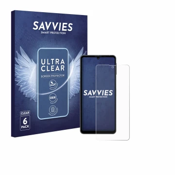 Vorderseite einer Produktverpackung mit dem Markenlogo Savvies. Daneben ist das Gerät Sharp Aquos Sense 8 mit dem zugehörigen 