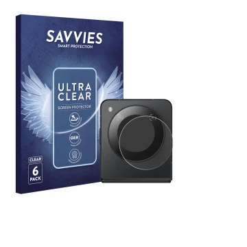Vorderseite einer Produktverpackung mit dem Markenlogo Savvies. Daneben ist das Gerät Nubia Flip 5G (NUR Kamera) mit dem zugeh