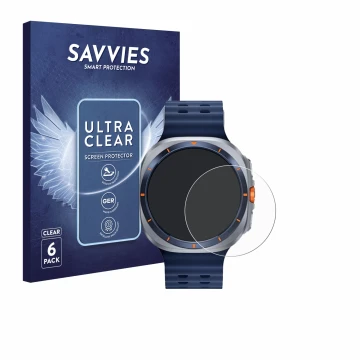 Vorderseite einer Produktverpackung mit dem Markenlogo Savvies. Daneben ist das Gerät Samsung Galaxy Watch Ultra 2 (47 mm) mit