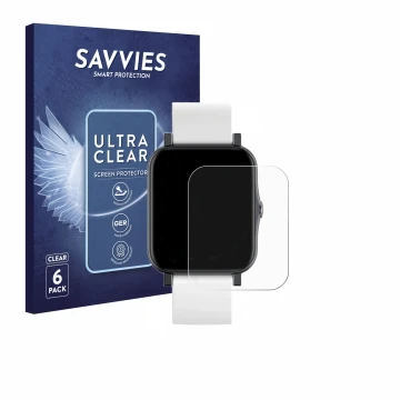 Vorderseite einer Produktverpackung mit dem Markenlogo Savvies. Daneben ist das Gerät QNix Smartwatch mit dem zugehörigen Disp