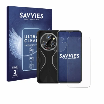 Vorderseite einer Produktverpackung mit dem Markenlogo Savvies. Daneben ist das Gerät Oukitel WP55 Pro (Display+Kamera) mit de