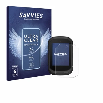 Vorderseite einer Produktverpackung mit dem Markenlogo Savvies. Daneben ist das Gerät Garmin Edge MTB mit dem zugehörigen Disp