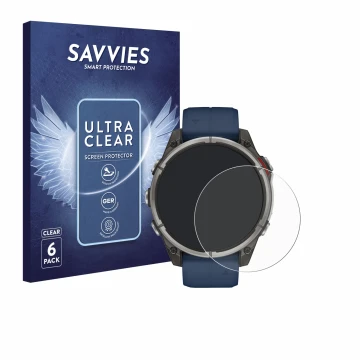 Vorderseite einer Produktverpackung mit dem Markenlogo Savvies. Daneben ist das Gerät Garmin quatix 8 (47 mm) mit dem zugehöri