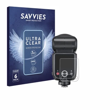 Vorderseite einer Produktverpackung mit dem Markenlogo Savvies. Daneben ist das Gerät Godox V100 mit dem zugehörigen Displaysc