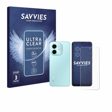 Vorderseite einer Produktverpackung mit dem Markenlogo Savvies. Daneben ist das Gerät Infinix Smart 9 (Display+Kamera) mit dem
