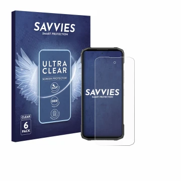 Vorderseite einer Produktverpackung mit dem Markenlogo Savvies. Daneben ist das Gerät Doogee Blade 20 mit dem zugehörigen Disp