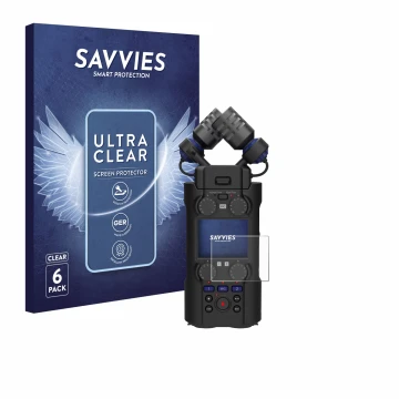 Vorderseite einer Produktverpackung mit dem Markenlogo Savvies. Daneben ist das Gerät Zoom H5 Studio mit dem zugehörigen Displ