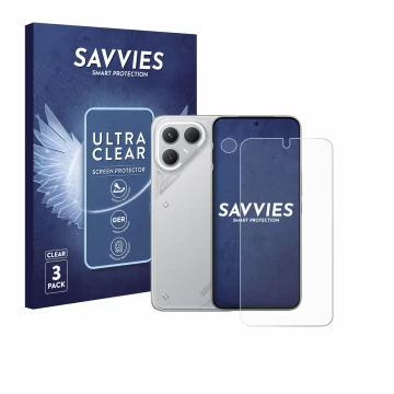 Vorderseite einer Produktverpackung mit dem Markenlogo Savvies. Daneben ist das Gerät Tecno Pova 7 Pro (Display+Kamera) mit de