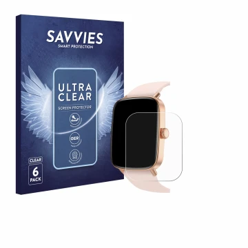 Vorderseite einer Produktverpackung mit dem Markenlogo Savvies. Daneben ist das Gerät Yoever Smartwatch 1.85