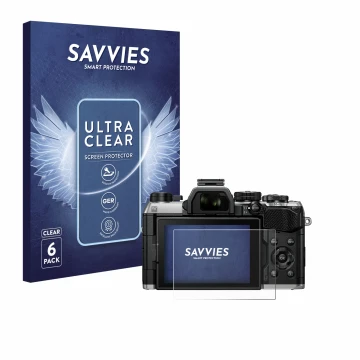 Vorderseite einer Produktverpackung mit dem Markenlogo Savvies. Daneben ist das Gerät Olympus OM System OM-5 Mark II mit dem z