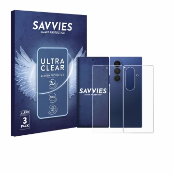 Vorderseite einer Produktverpackung mit dem Markenlogo Savvies. Daneben ist das Gerät Samsung Galaxy Z Fold 7 (Display+Rücksei