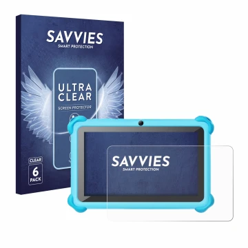 Vorderseite einer Produktverpackung mit dem Markenlogo Savvies. Daneben ist das Gerät zcobro KIDS710 7