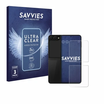 Vorderseite einer Produktverpackung mit dem Markenlogo Savvies. Daneben ist das Gerät Samsung Galaxy Z Flip 7 FE (Display+Kame