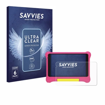 Vorderseite einer Produktverpackung mit dem Markenlogo Savvies. Daneben ist das Gerät Happybe Kids Tablet 7