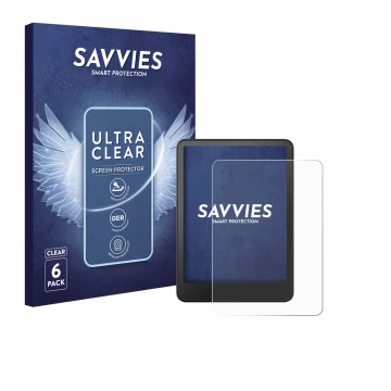 Vorderseite einer Produktverpackung mit dem Markenlogo Savvies. Daneben ist das Gerät Amazon Kindle Colorsoft mit dem zugehöri