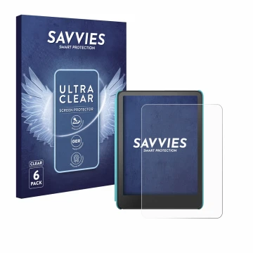 Vorderseite einer Produktverpackung mit dem Markenlogo Savvies. Daneben ist das Gerät Amazon Kindle Colorsoft Kids mit dem zug