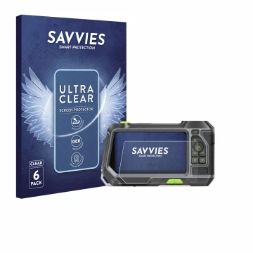 Vorderseite einer Produktverpackung mit dem Markenlogo Savvies. Daneben ist das Gerät Teslong NTS500 mit dem zugehörigen Displ