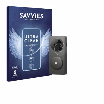 Vorderseite einer Produktverpackung mit dem Markenlogo Savvies. Daneben ist das Gerät Aqara Hub G410 mit dem zugehörigen Displ