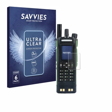 Vorderseite einer Produktverpackung mit dem Markenlogo Savvies. Daneben ist das Gerät Baofeng DM-32 mit dem zugehörigen Displa
