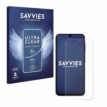 Vorderseite einer Produktverpackung mit dem Markenlogo Savvies. Daneben ist das Gerät Samsung Galaxy A17 5G mit dem zugehörige