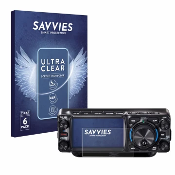 Vorderseite einer Produktverpackung mit dem Markenlogo Savvies. Daneben ist das Gerät Yaesu FTX-1 mit dem zugehörigen Displays