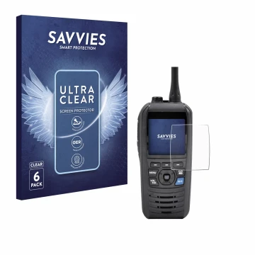 Vorderseite einer Produktverpackung mit dem Markenlogo Savvies. Daneben ist das Gerät Icom IC-M94D mit dem zugehörigen Display