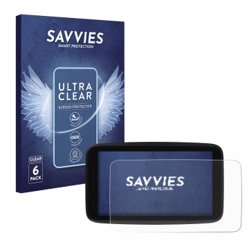 Vorderseite einer Produktverpackung mit dem Markenlogo Savvies. Daneben ist das Gerät TomTom GO Classic 5
