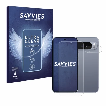 Vorderseite einer Produktverpackung mit dem Markenlogo Savvies. Daneben ist das Gerät Google Pixel 10 Pro XL (Display+Kamera) 