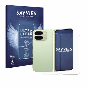 Vorderseite einer Produktverpackung mit dem Markenlogo Savvies. Daneben ist das Gerät Google Pixel 10 Pro Fold (Display+Rückse