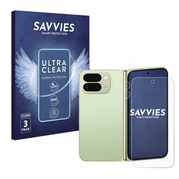 Vorderseite einer Produktverpackung mit dem Markenlogo Savvies. Daneben ist das Gerät Google Pixel 10 Pro Fold (Display+Kamera