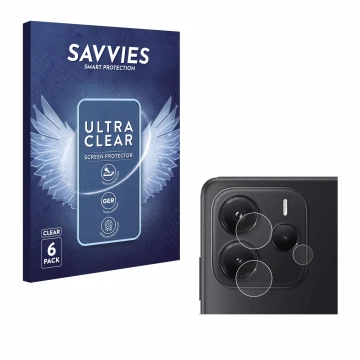 Vorderseite einer Produktverpackung mit dem Markenlogo Savvies. Daneben ist das Gerät Xiaomi Redmi Note 14 4G (NUR Kameraschut