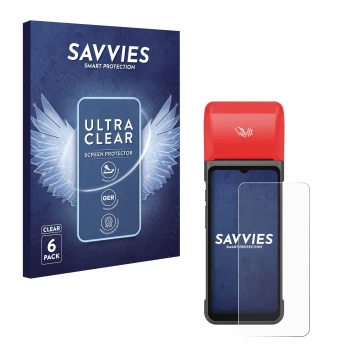 Vorderseite einer Produktverpackung mit dem Markenlogo Savvies. Daneben ist das Gerät iMin Swift 2 Pro mit dem zugehörigen Dis
