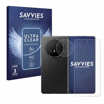 Vorderseite einer Produktverpackung mit dem Markenlogo Savvies. Daneben ist das Gerät Honor Magic V5 (Display+Kamera) mit dem 