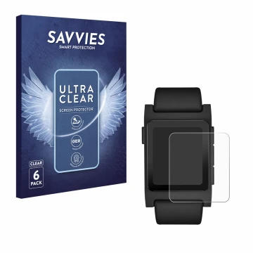 Vorderseite einer Produktverpackung mit dem Markenlogo Savvies. Daneben ist das Gerät Pebble 2 Duo 2025 mit dem zugehörigen Di