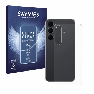 Vorderseite einer Produktverpackung mit dem Markenlogo Savvies. Daneben ist das Gerät Samsung Galaxy S25 FE (Rückseite) mit de