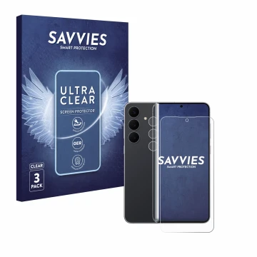 Vorderseite einer Produktverpackung mit dem Markenlogo Savvies. Daneben ist das Gerät Samsung Galaxy S25 FE (Display+Kamera) m
