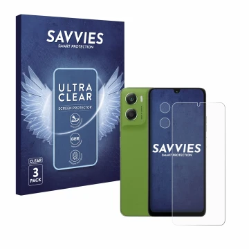 Vorderseite einer Produktverpackung mit dem Markenlogo Savvies. Daneben ist das Gerät Motorola Moto G06 Power (Display+Kamera)