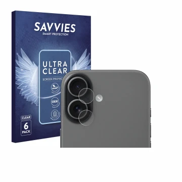 Vorderseite einer Produktverpackung mit dem Markenlogo Savvies. Daneben ist das Gerät Apple iPhone 17 (NUR Kameraschutz) mit d