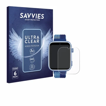 Vorderseite einer Produktverpackung mit dem Markenlogo Savvies. Daneben ist das Gerät JoJoego 4G Smartwatch kids mit dem zugeh