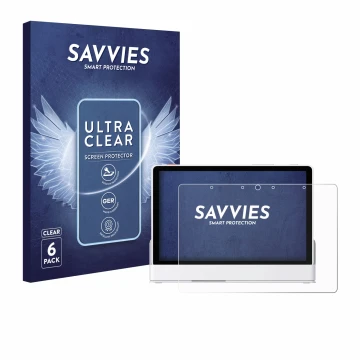 Vorderseite einer Produktverpackung mit dem Markenlogo Savvies. Daneben ist das Gerät eufy Smart Display E10 mit dem zugehörig