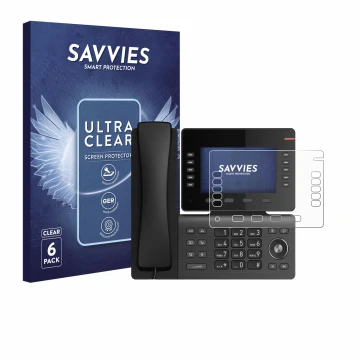 Vorderseite einer Produktverpackung mit dem Markenlogo Savvies. Daneben ist das Gerät Snom D865 mit dem zugehörigen Displaysch